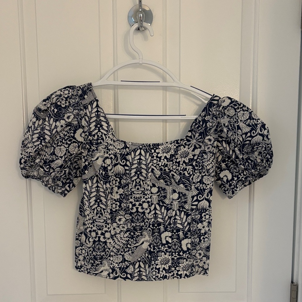 J. Crew Black and White Floral Puff Sleeve Blouse